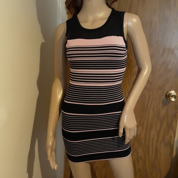 NWOT! Form Fitting Dress Sheer Black Pink Stripes - Picture 3 of 8